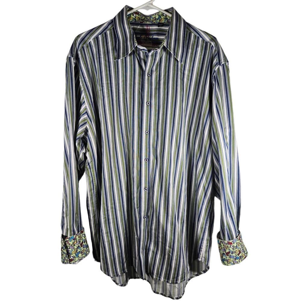 Robert Graham Mens Long Sleeve Button Down Blue Green Stripe Beachchair Cuff 2XL